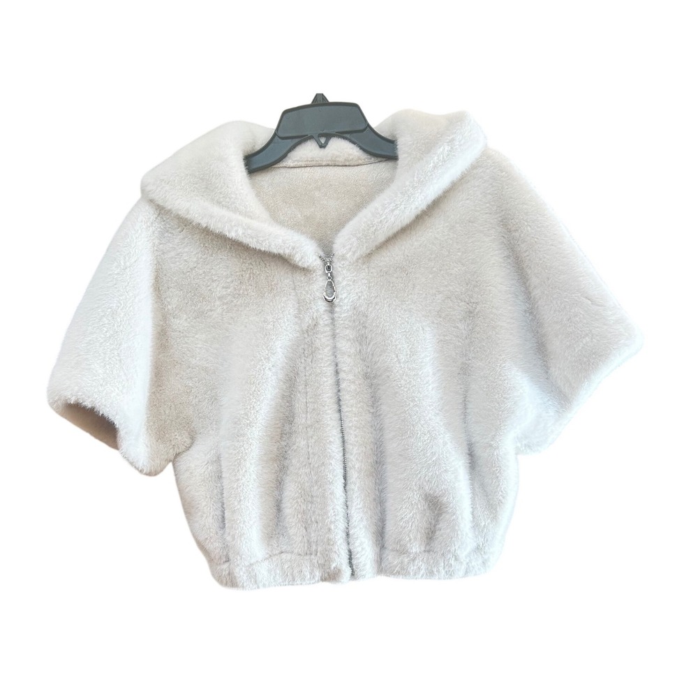 Cream Faux Fur Cropped Zip Up‎ Hoodie Short Sleeve Jacket Off White Size 6